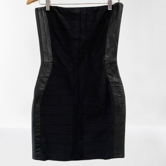 Sky Bodycon Leather Trim Sexy Black Strapless Mini Dress Lined NEW Large